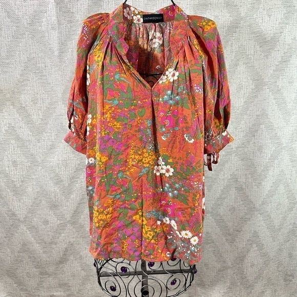 Cynthia Rowley orange floral print puff sleeve blouse size S - Picture 1 of 9